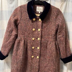 Rachel Riley Kids Red Tweed Pea Coat with Navy Velvet Collar